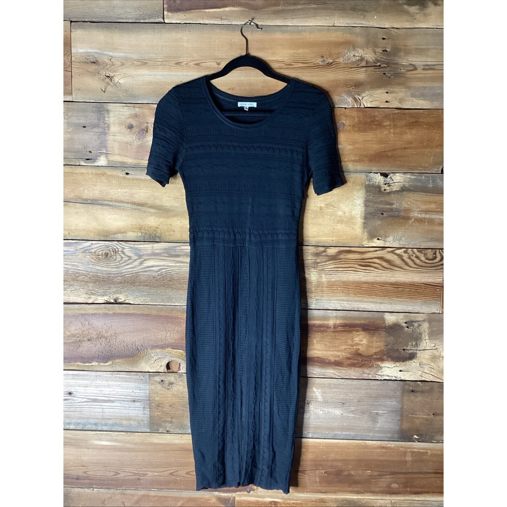 Torn by Ronny Texture Semi- Sheer Midi Dress Small Black Bodycon Short Sleeve
